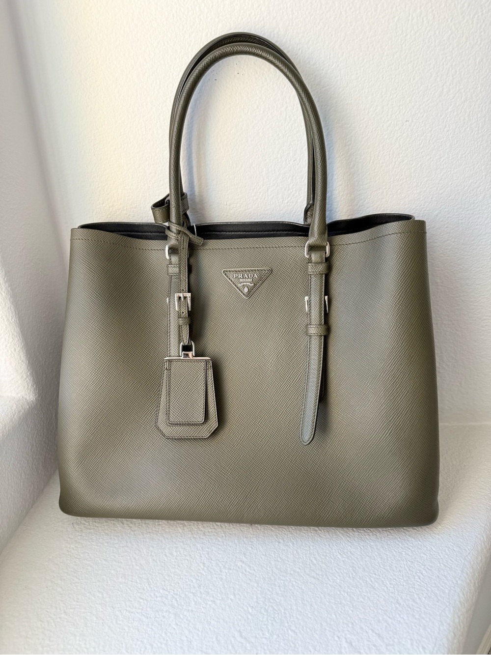 Prada Olive Green Double MediumSaffiano Leather Tote | Authentic